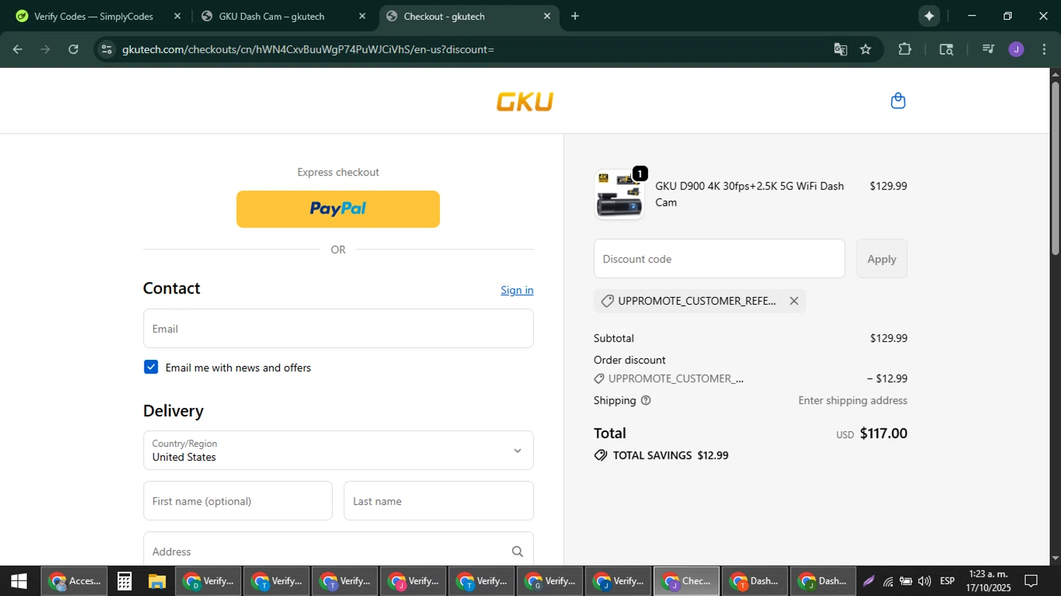 GKU Tech promo code screenshot showing code UPPROMOTE_CUSTOMER_REFERRAL applied at GKU Tech checkout page. Uploaded by SimplyCodes community member sniderjack453 on Oct 17, 2025