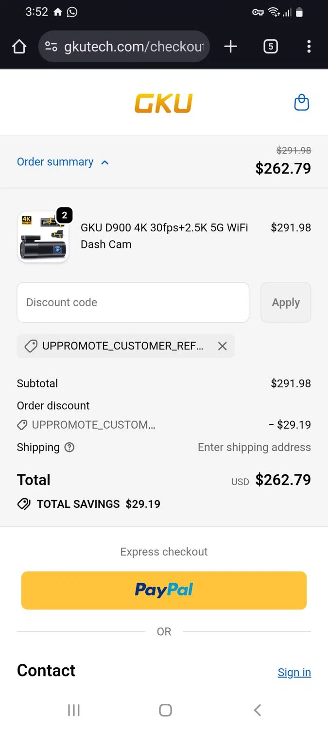 GKU Tech promo code screenshot showing code UPPROMOTE_CUSTOMER_REFERRAL applied at GKU Tech checkout page. Uploaded by SimplyCodes community member tulioriera on Nov 22, 2025