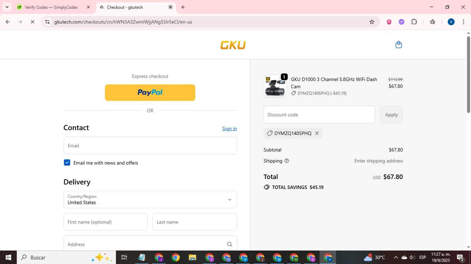 GKU Tech promo code screenshot showing code DYMZQ140SPHQ applied at GKU Tech checkout page. Uploaded by SimplyCodes community member CrownTitan5376 on Sep 19, 2025