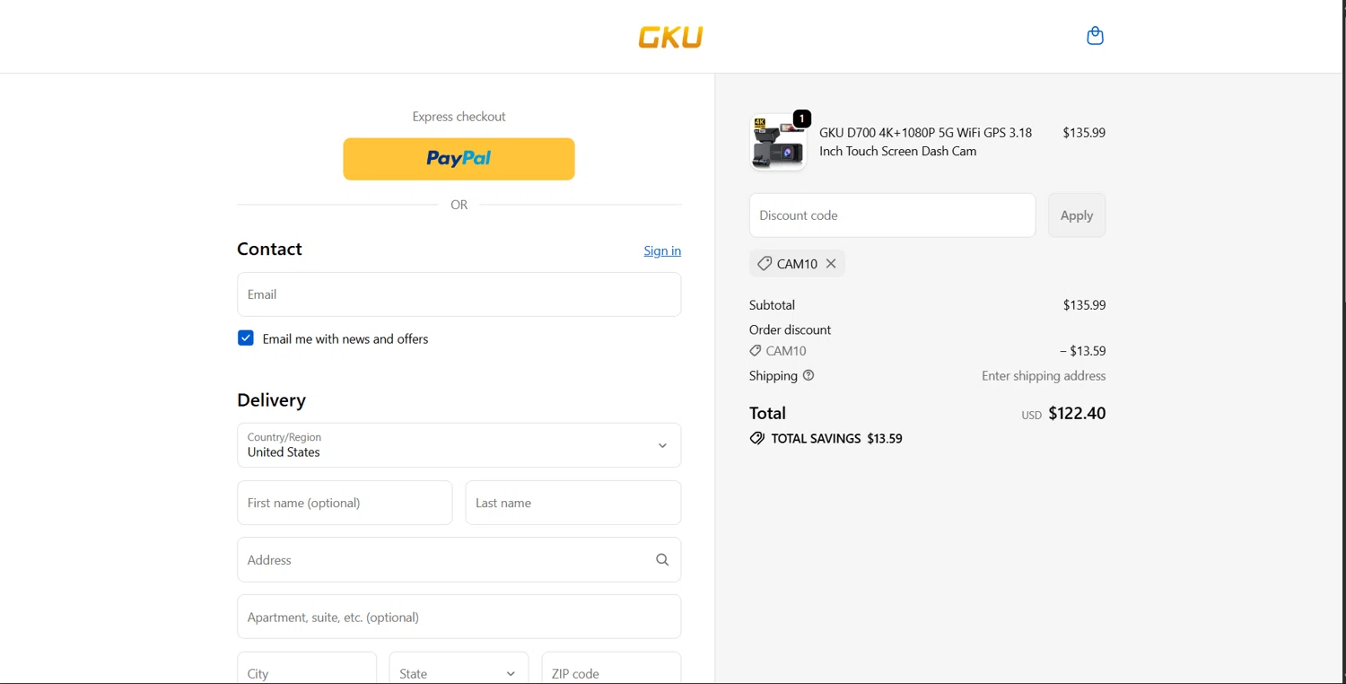 GKU Tech promo code screenshot showing code CAM10 applied at GKU Tech checkout page. Uploaded by SimplyCodes community member ArthurMorgan on Dec 14, 2025