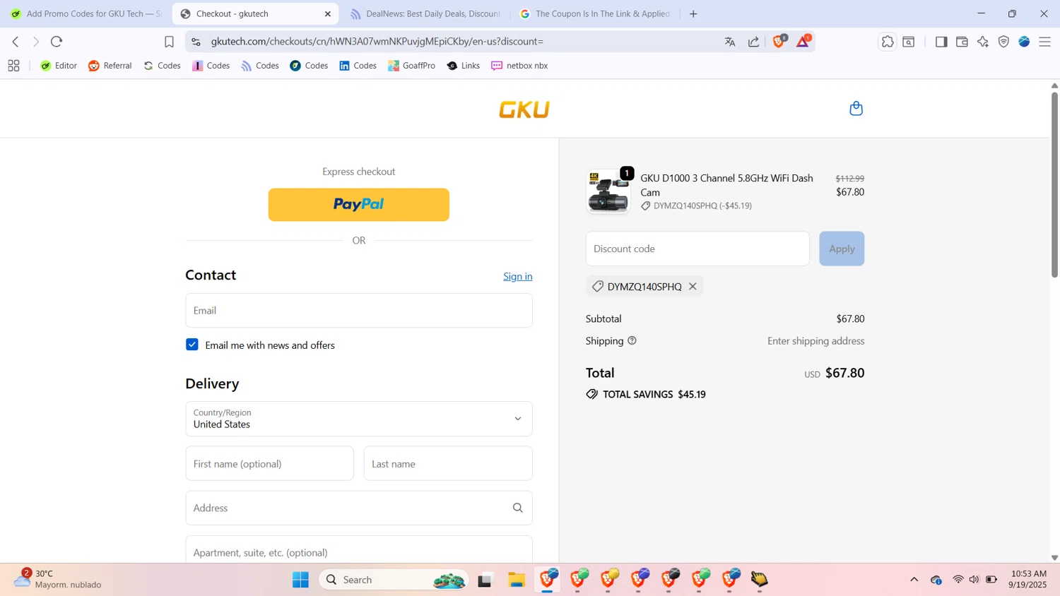 GKU Tech promo code screenshot showing code DYMZQ140SPHQ applied at GKU Tech checkout page. Uploaded by SimplyCodes community member BabaYaga on Sep 19, 2025