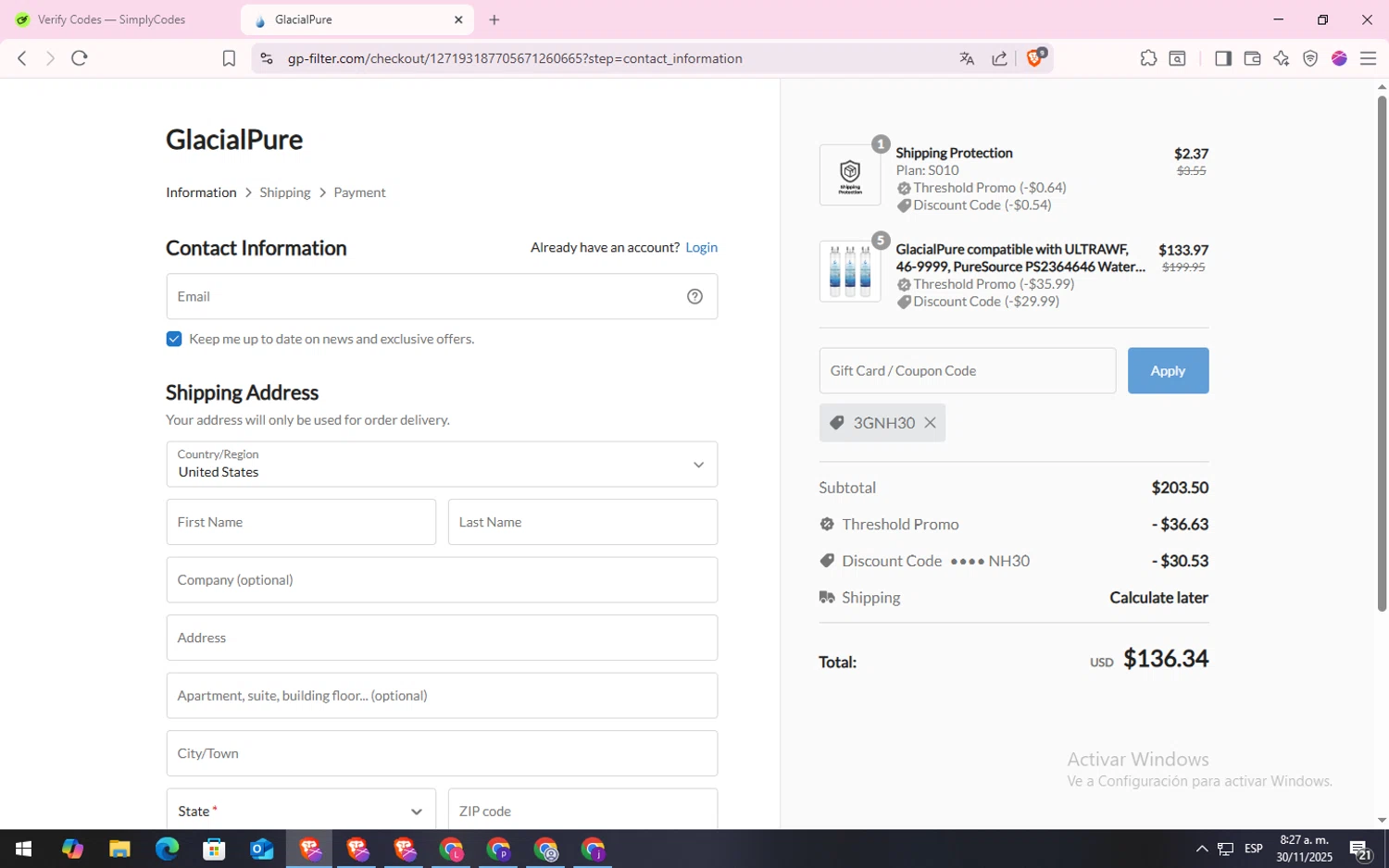 GlacialPure Filters checkout page showing GlacialPure Filters promo code box | Screenshot taken by SimplyCodes community member on Nov 30, 2025