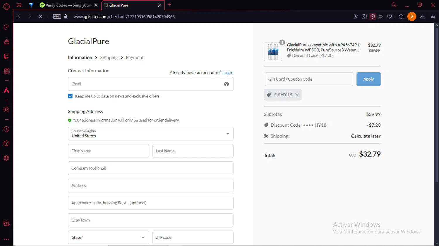 GlacialPure Filters promo code screenshot showing code GPHY18 applied at GlacialPure Filters checkout page. Uploaded by SimplyCodes community member BrilliantLion4485 on Jan 20, 2025