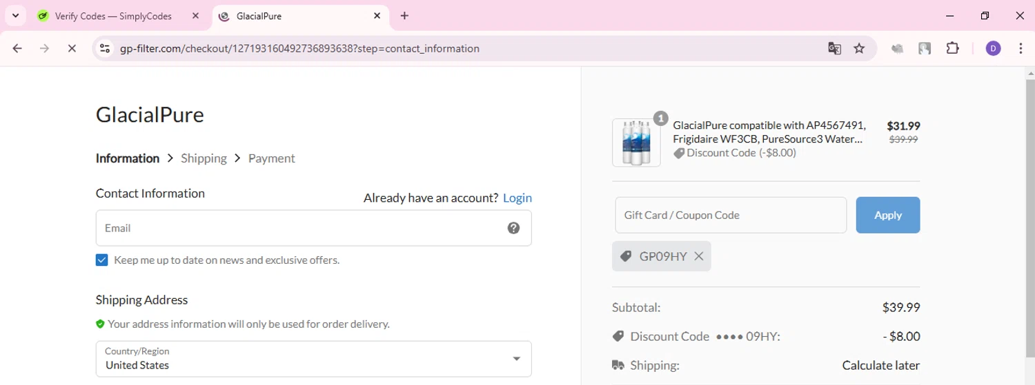 GlacialPure Filters promo code screenshot showing code GP09HY applied at GlacialPure Filters checkout page. Uploaded by SimplyCodes community member ShieldCurator2100 on Jan 19, 2025