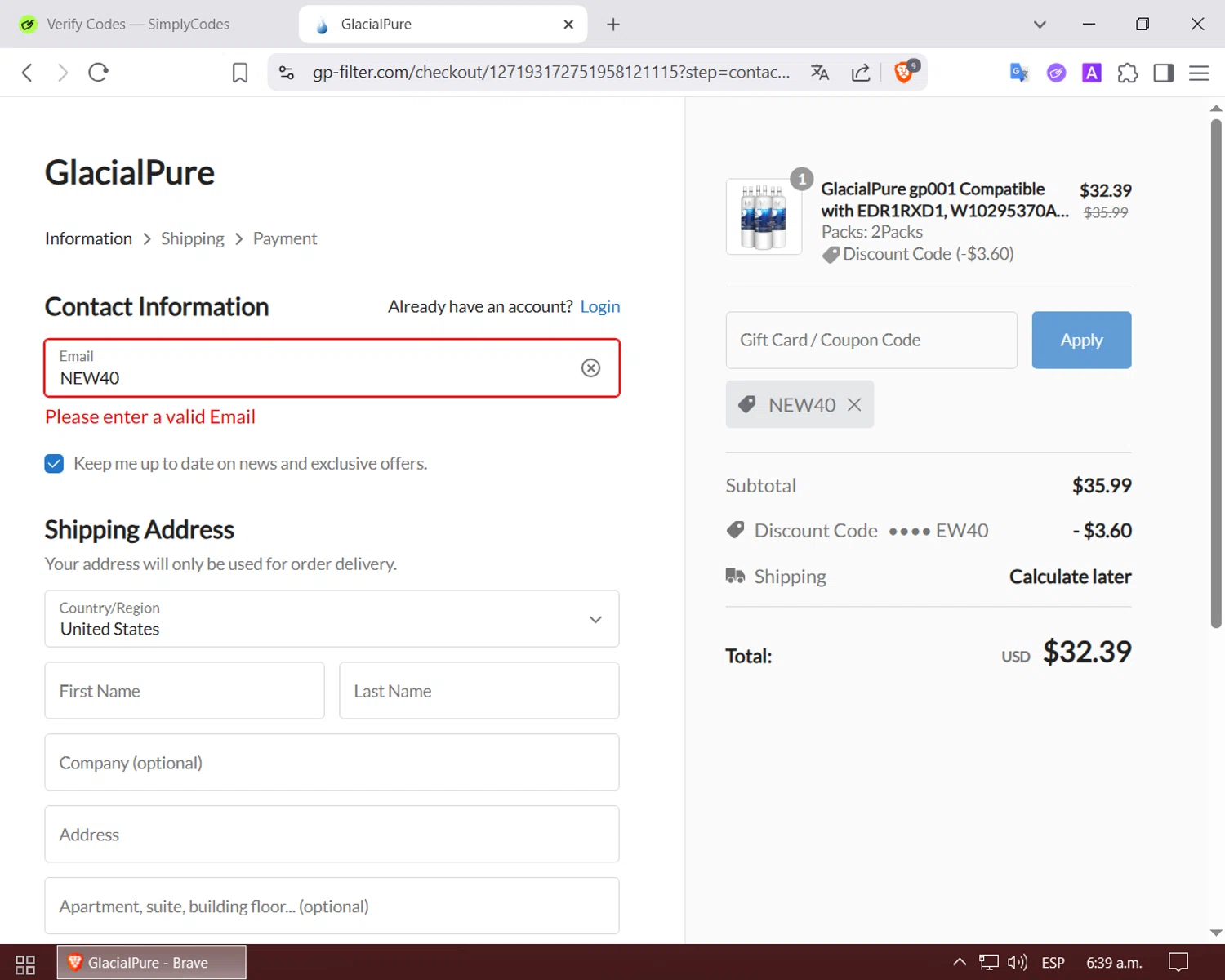 GlacialPure Filters promo code screenshot showing code NEW40 applied at GlacialPure Filters checkout page. Uploaded by SimplyCodes community member LuckyPilot205 on Jun 10, 2025
