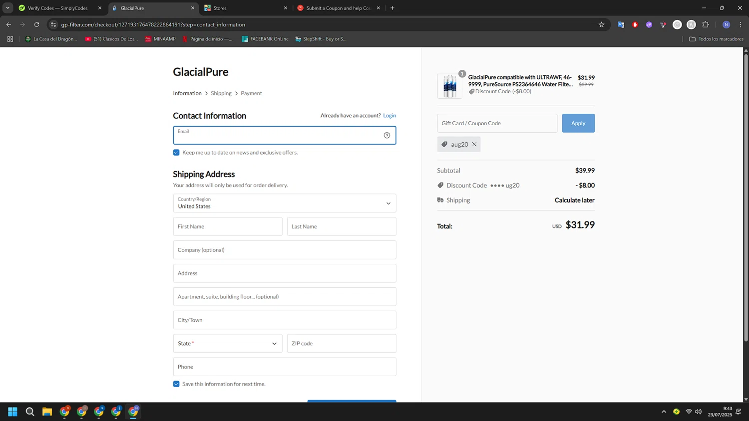 GlacialPure Filters promo code screenshot showing code aug20 applied at GlacialPure Filters checkout page. Uploaded by SimplyCodes community member RoyalGuardian2978 on Jul 23, 2025