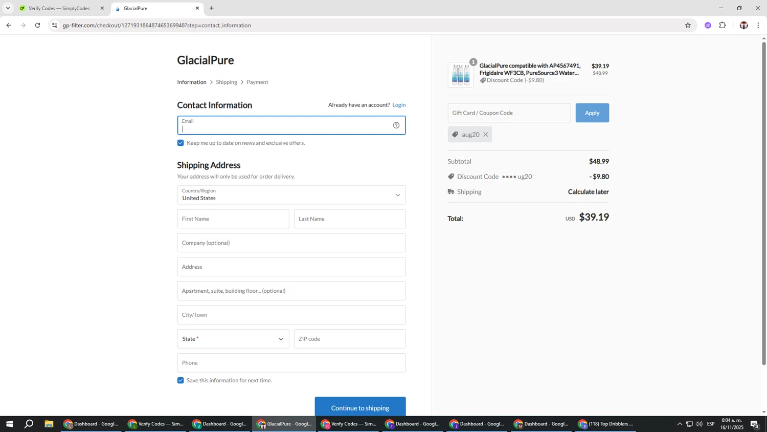 GlacialPure Filters promo code screenshot showing code aug20 applied at GlacialPure Filters checkout page. Uploaded by SimplyCodes community member Salometta on Nov 16, 2025