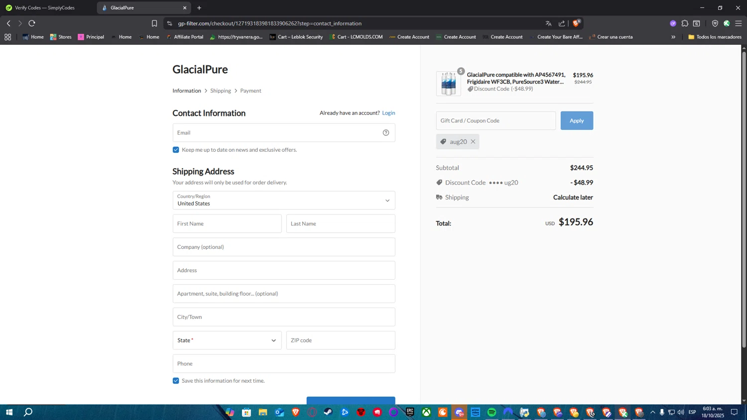 GlacialPure Filters promo code screenshot showing code aug20 applied at GlacialPure Filters checkout page. Uploaded by SimplyCodes community member Nulo0000 on Oct 18, 2025