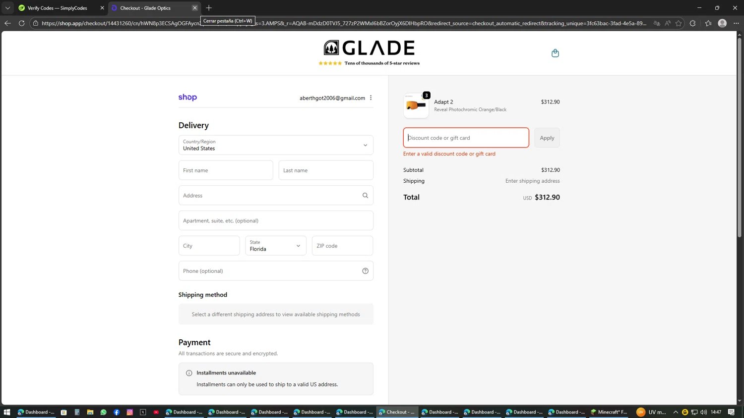Glade Optics discount code screenshot showing code BSTZVBXF44V applied at Glade Optics checkout page. Uploaded by SimplyCodes community member AVAMUSTANG on Feb 15, 2026