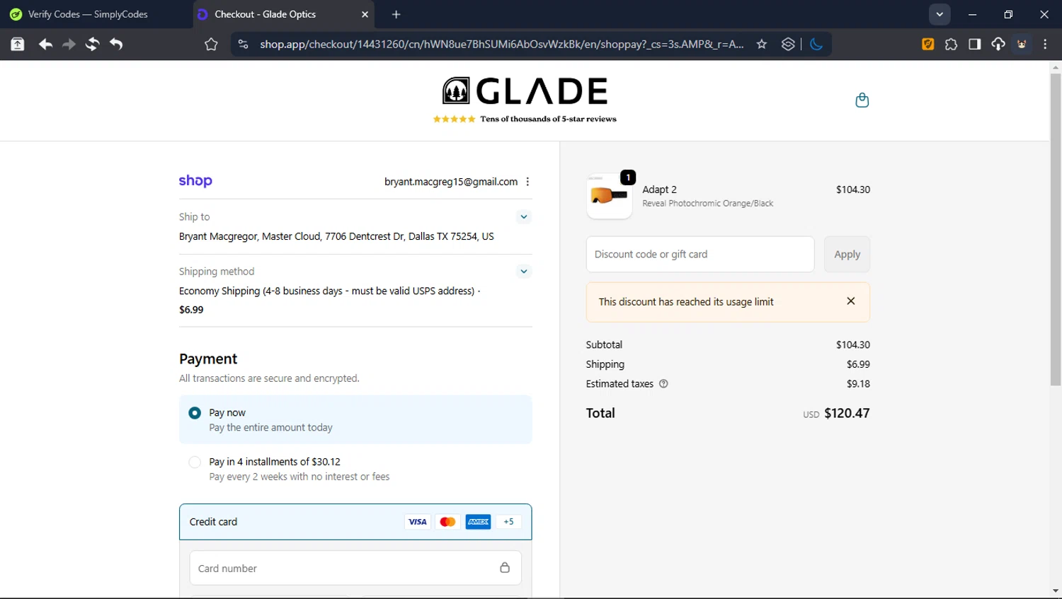 Glade Optics discount code screenshot showing code WS6Z7GLJTB applied at Glade Optics checkout page. Uploaded by SimplyCodes community member BrilliantTitan6909 on Feb 18, 2026