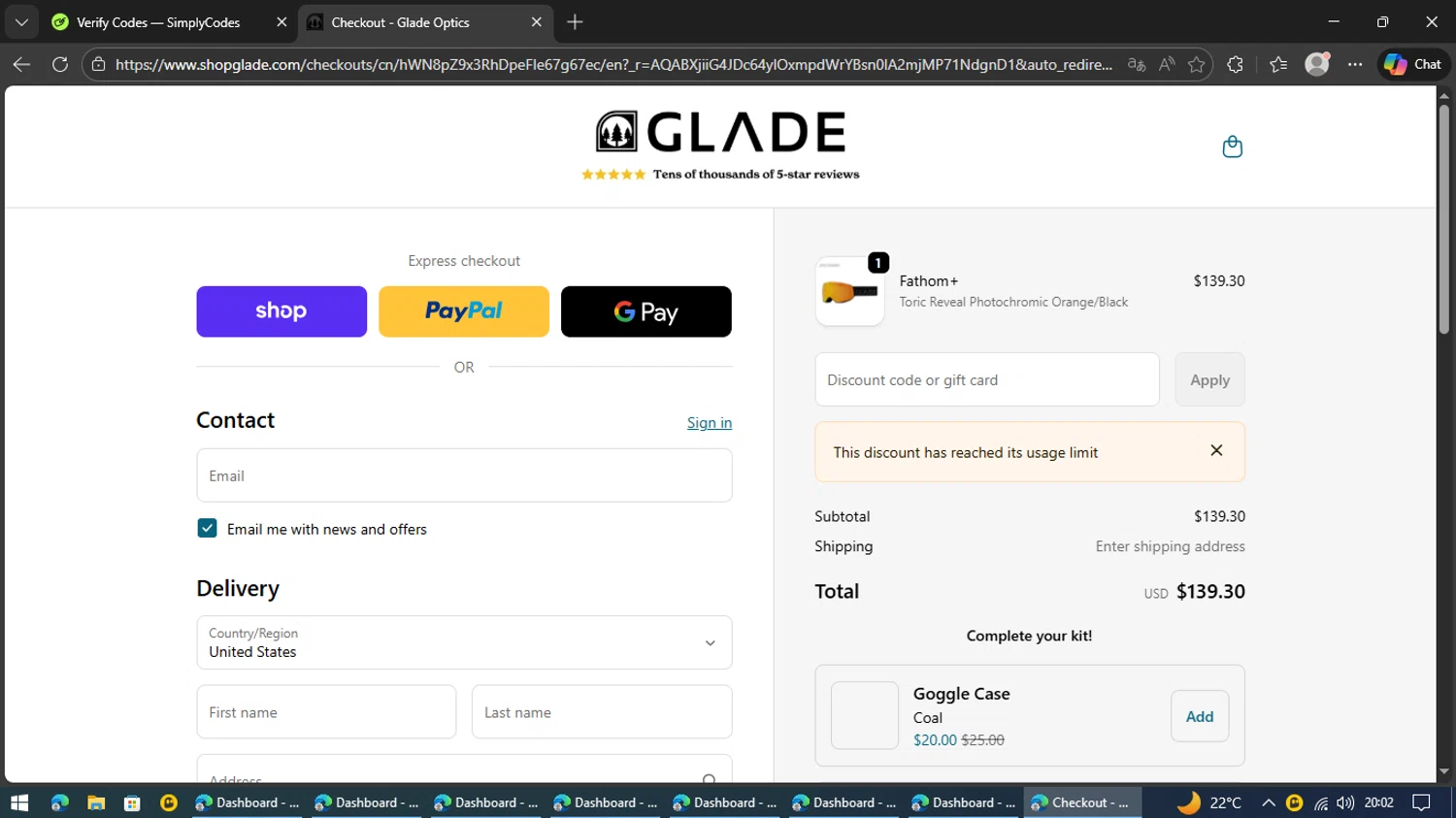 Glade Optics discount code screenshot showing code WS6Z7GLJTB applied at Glade Optics checkout page. Uploaded by SimplyCodes community member Kaizen on Feb 16, 2026