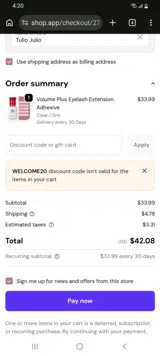 WELCOME20 coupon verification screenshot