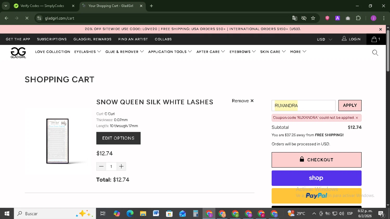 GladGirl promo code screenshot showing code RUXANDRA applied at GladGirl checkout page. Uploaded by SimplyCodes community member Tazbravo on Feb 6, 2026
