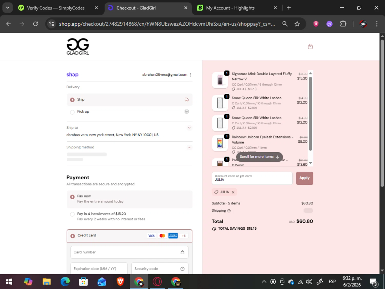 GladGirl promo code screenshot showing code JULIA applied at GladGirl checkout page. Uploaded by SimplyCodes community member TreasureAdmiral6867 on Feb 6, 2026