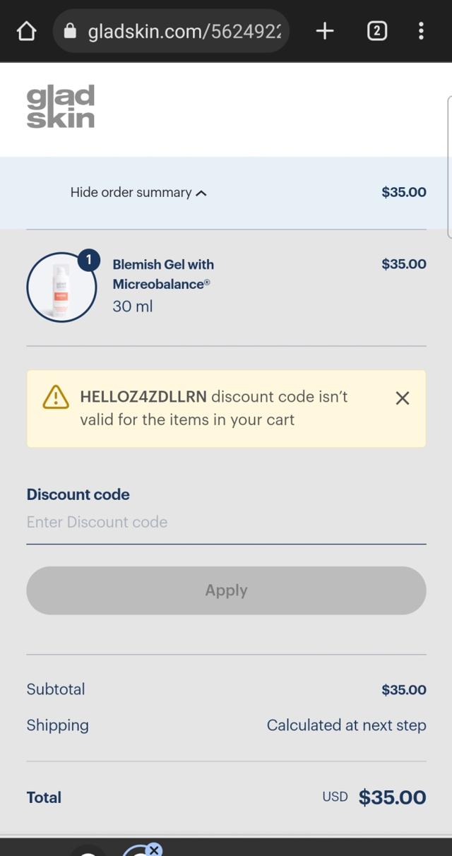 Gladskin checkout page showing Gladskin discount code box | Screenshot taken by SimplyCodes community member on Jan 26, 2023
