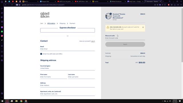 Gladskin checkout page showing Gladskin discount code box | Screenshot taken by SimplyCodes community member on Oct 5, 2023