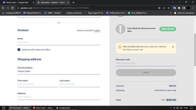 Gladskin checkout page showing Gladskin discount code box | Screenshot taken by SimplyCodes community member on Oct 17, 2023