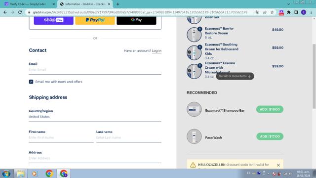 Gladskin checkout page showing Gladskin discount code box | Screenshot taken by SimplyCodes community member on Jan 18, 2024