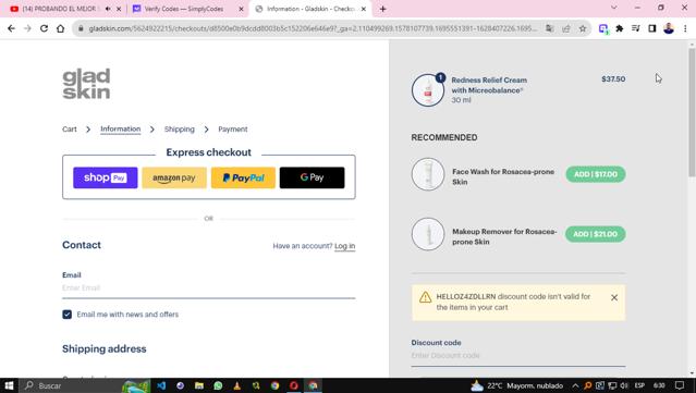 Gladskin checkout page showing Gladskin discount code box | Screenshot taken by SimplyCodes community member on Sep 24, 2023