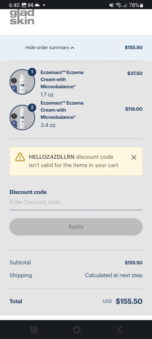 Gladskin checkout page showing Gladskin discount code box | Screenshot taken by SimplyCodes community member on Aug 26, 2023