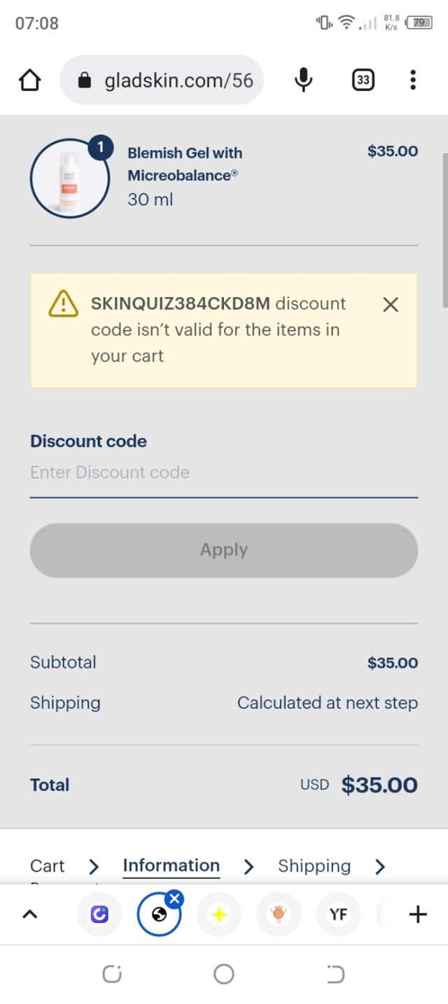 Gladskin checkout page showing Gladskin discount code box | Screenshot taken by SimplyCodes community member on Jan 25, 2023