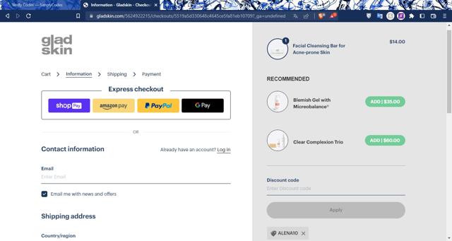 Gladskin checkout page showing Gladskin discount code box | Screenshot taken by SimplyCodes community member on Feb 8, 2023