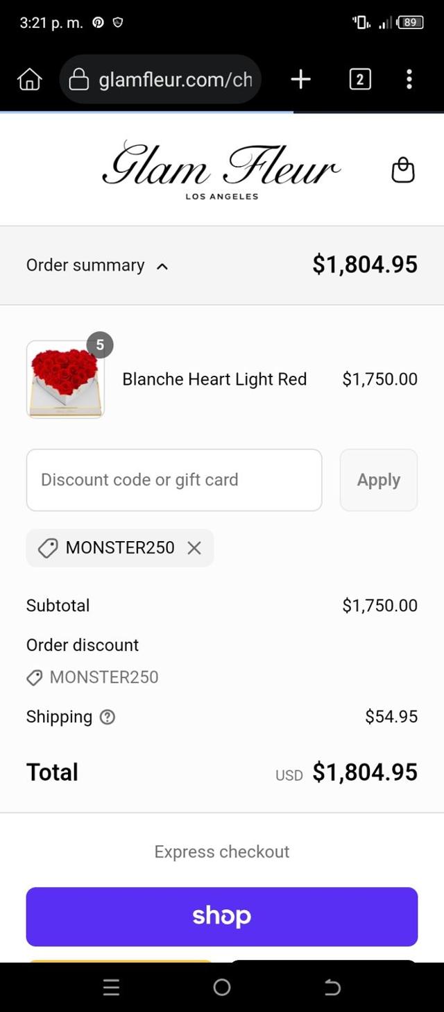 Glam Fleur checkout page showing Glam Fleur promo code box | Screenshot taken by SimplyCodes community member on Sep 12, 2025