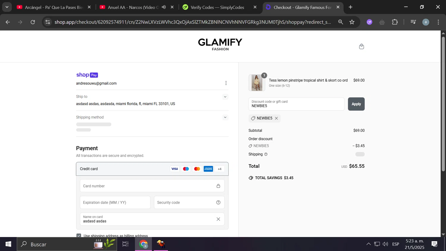 Glamify Fashion discount code screenshot showing code NEWBIE5 applied at Glamify Fashion checkout page. Uploaded by SimplyCodes community member Anderson on May 21, 2025