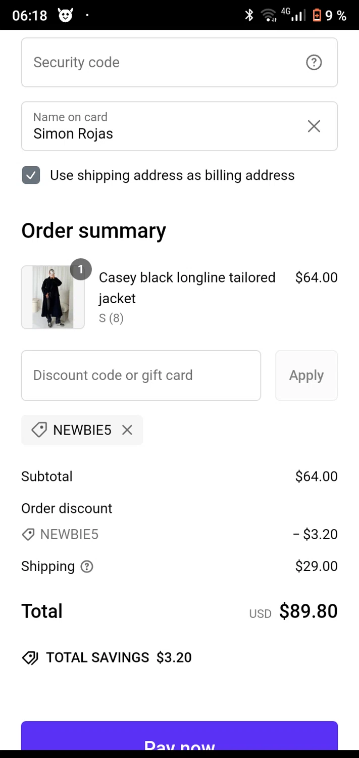 Glamify Fashion discount code screenshot showing code NEWBIE5 applied at Glamify Fashion checkout page. Uploaded by SimplyCodes community member Enmanuel17 on Feb 1, 2025