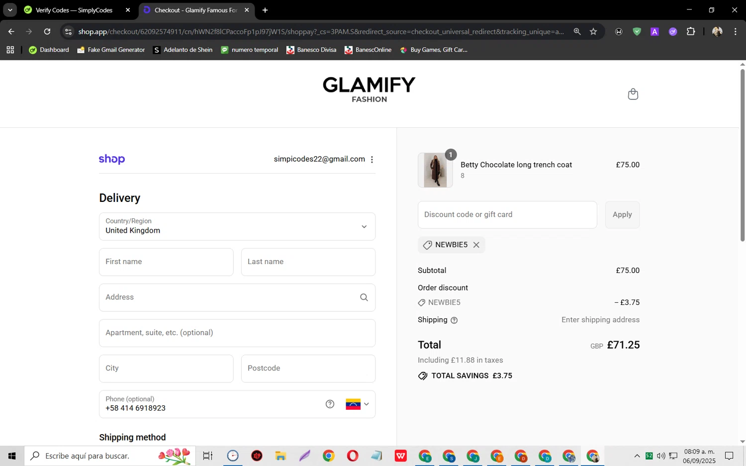 Glamify Fashion discount code screenshot showing code NEWBIE5 applied at Glamify Fashion checkout page. Uploaded by SimplyCodes community member jeysosmoore on Sep 6, 2025