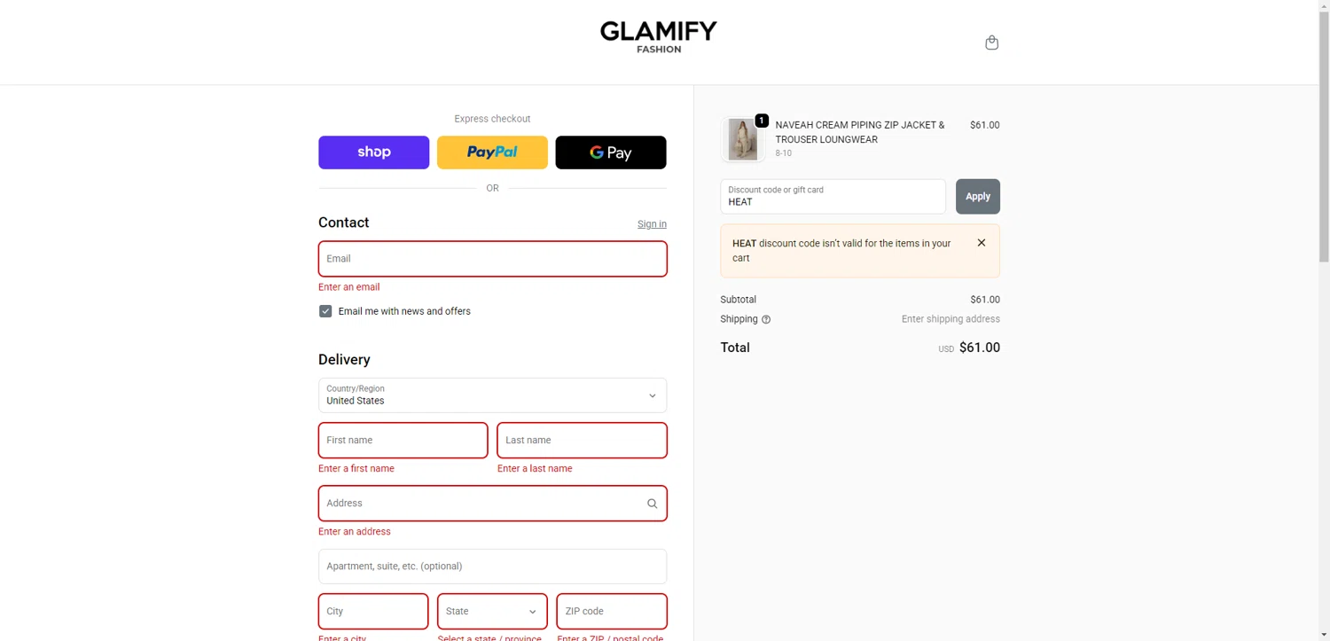 Glamify Fashion discount code screenshot showing code HEAT applied at Glamify Fashion checkout page. Uploaded by SimplyCodes community member CrownTiger6508 on Nov 12, 2025