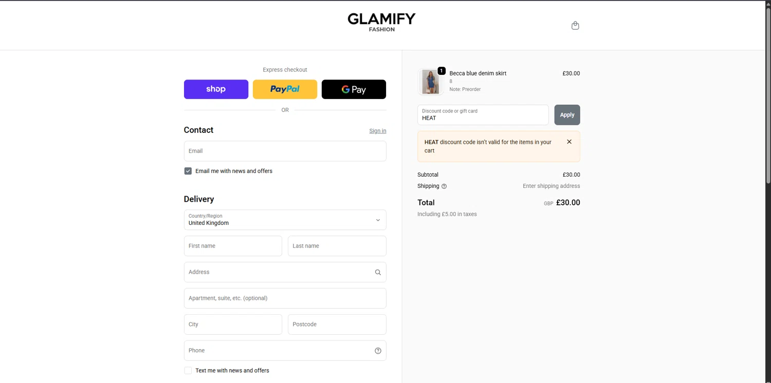 Glamify Fashion discount code screenshot showing code HEAT applied at Glamify Fashion checkout page. Uploaded by SimplyCodes community member SavingsPioneer4533 on Nov 27, 2025