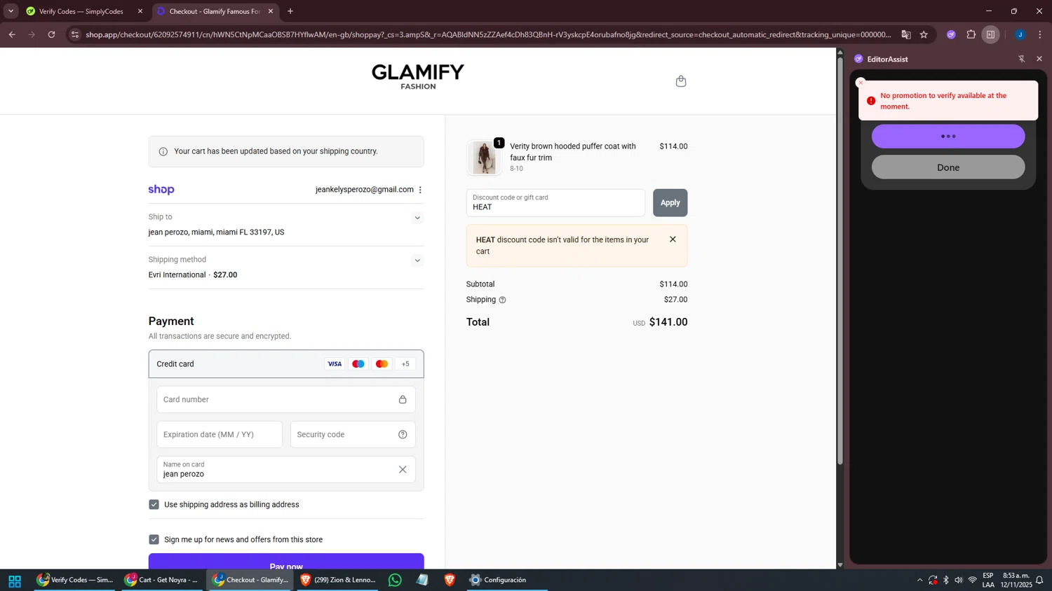 Glamify Fashion discount code screenshot showing code HEAT applied at Glamify Fashion checkout page. Uploaded by SimplyCodes community member oscarbeaujon on Nov 12, 2025