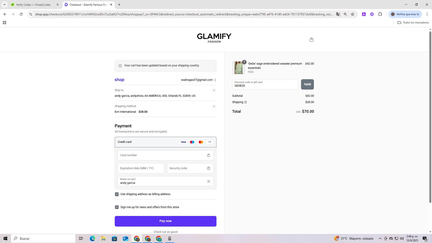 Glamify Fashion discount code screenshot showing code GEGE20 applied at Glamify Fashion checkout page. Uploaded by SimplyCodes community member RoyalLegend4835 on Sep 10, 2025