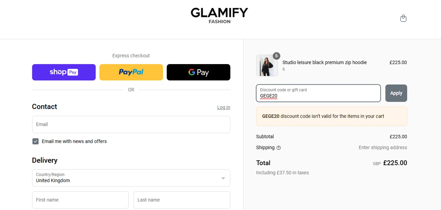 Glamify Fashion discount code screenshot showing code GEGE20 applied at Glamify Fashion checkout page. Uploaded by SimplyCodes community member CoinWhiz6239 on Apr 24, 2025
