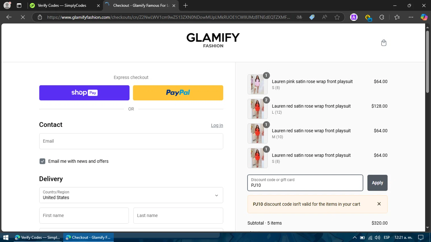 Glamify Fashion discount code screenshot showing code PJ10 applied at Glamify Fashion checkout page. Uploaded by SimplyCodes community member Billy2222 on Feb 2, 2025