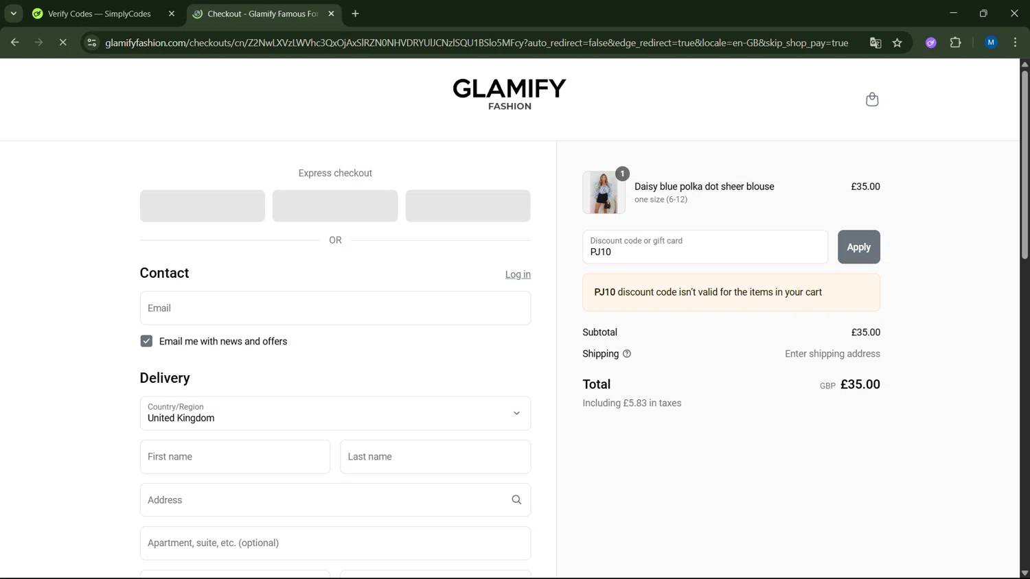 Glamify Fashion discount code screenshot showing code PJ10 applied at Glamify Fashion checkout page. Uploaded by SimplyCodes community member ScanNavigator5190 on May 10, 2025