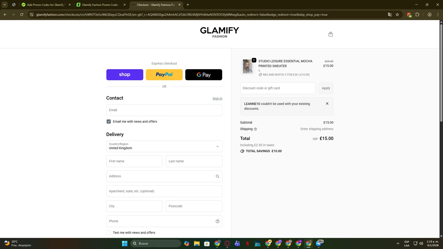 Glamify Fashion discount code screenshot showing code Leanne10 applied at Glamify Fashion checkout page. Uploaded by SimplyCodes community member noveoo on Jan 9, 2026