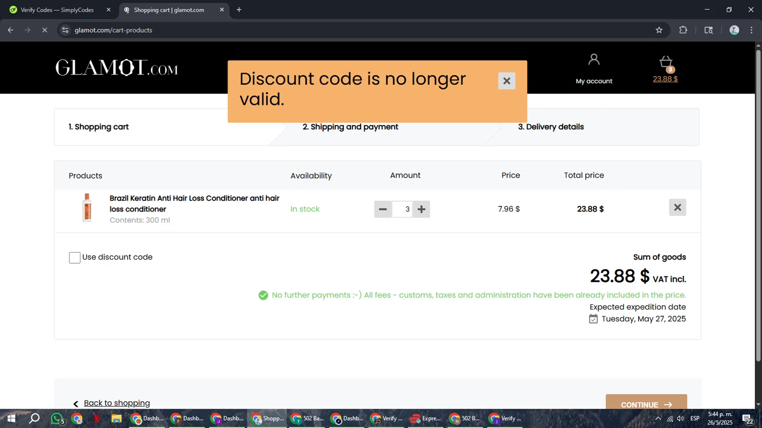 Glamot discount code screenshot showing code BRAZIL20 applied at Glamot checkout page. Uploaded by SimplyCodes community member ShrewdSeeker6165 on May 26, 2025