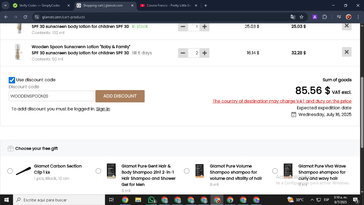 Glamot discount code screenshot showing code WOODENSPOON20 applied at Glamot checkout page. Uploaded by SimplyCodes community member BonusVoyager7570 on Jul 8, 2025