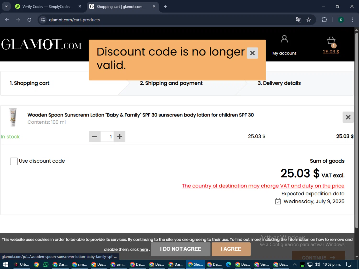 Glamot discount code screenshot showing code WOODENSPOON20 applied at Glamot checkout page. Uploaded by SimplyCodes community member lilMosey on Jul 8, 2025