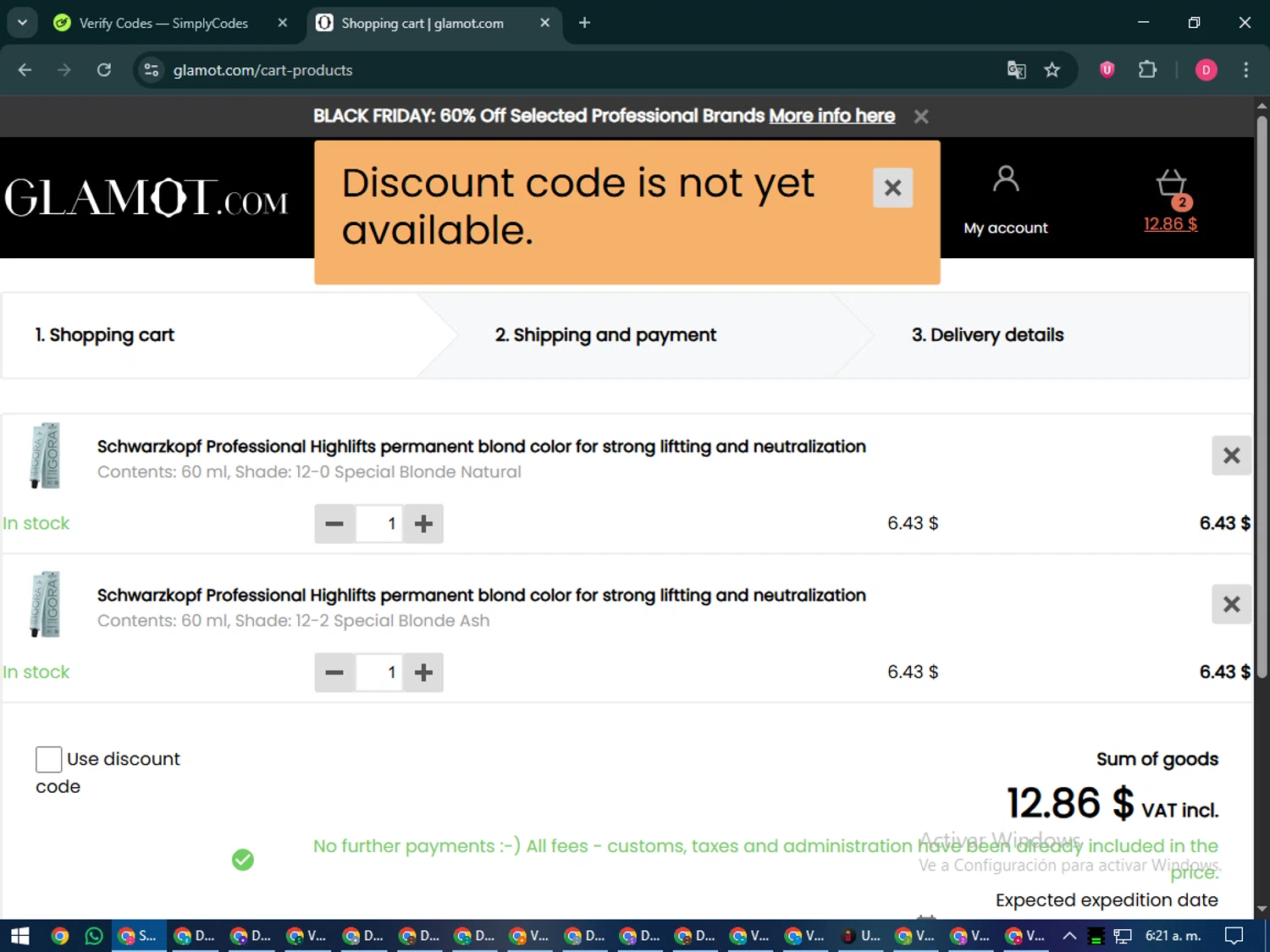 Glamot discount code screenshot showing code GLAMOTCOM applied at Glamot checkout page. Uploaded by SimplyCodes community member MoneySeeker7165 on Dec 2, 2025