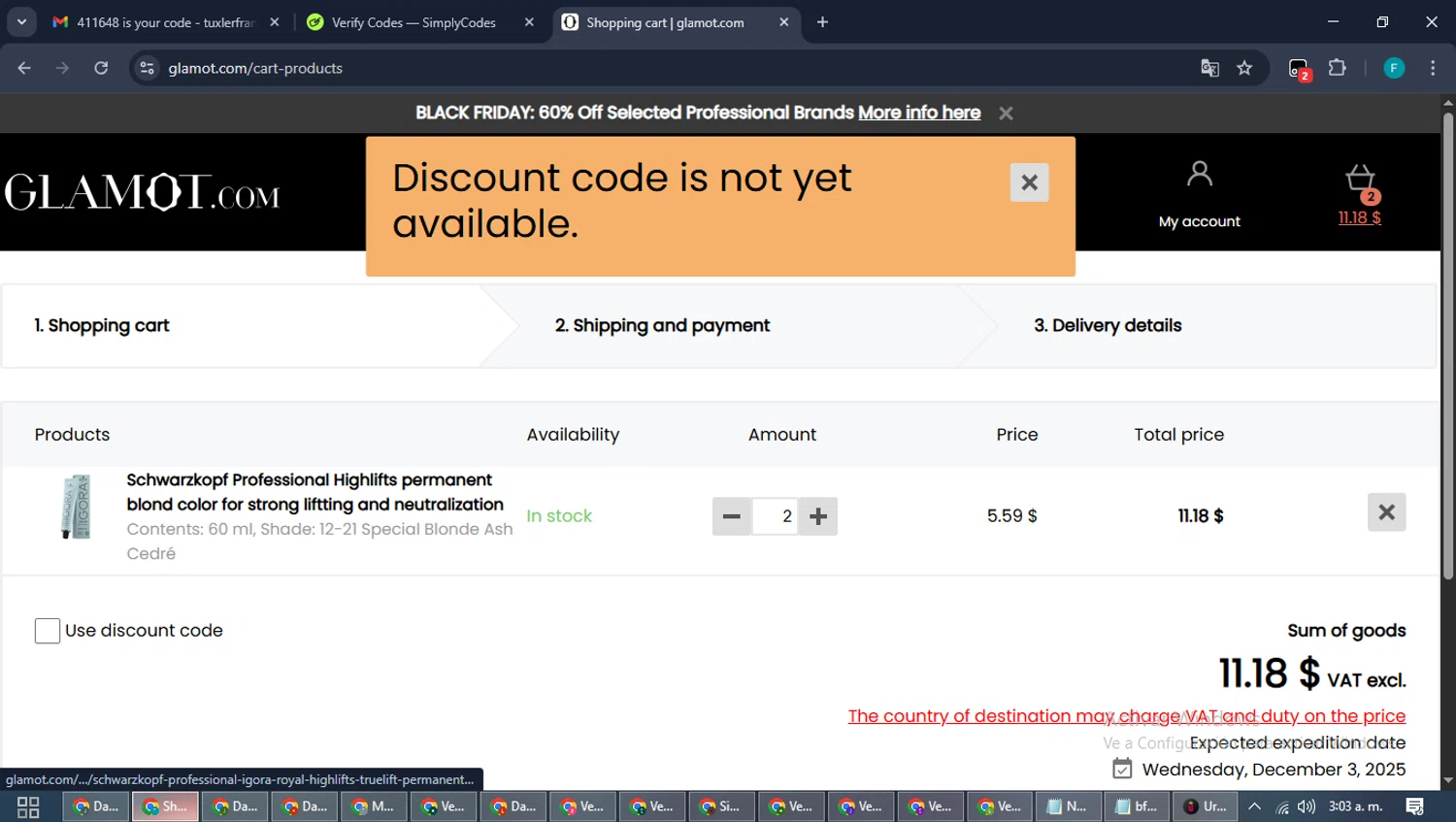 Glamot discount code screenshot showing code GLAMOTCOM applied at Glamot checkout page. Uploaded by SimplyCodes community member ShrewdTitan3233 on Dec 2, 2025