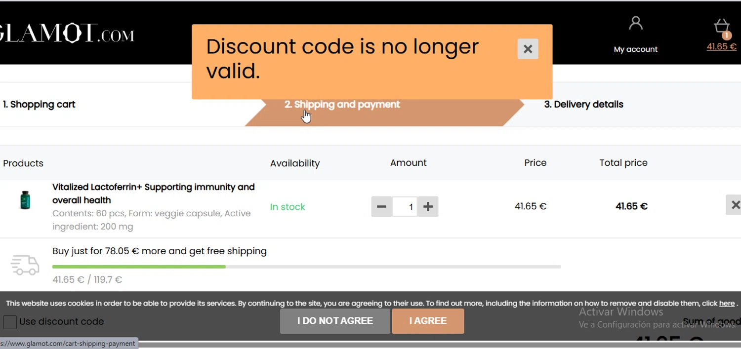 Glamot discount code screenshot showing code VITALIZED20 applied at Glamot checkout page. Uploaded by SimplyCodes community member FrugalSage5401 on Aug 12, 2025