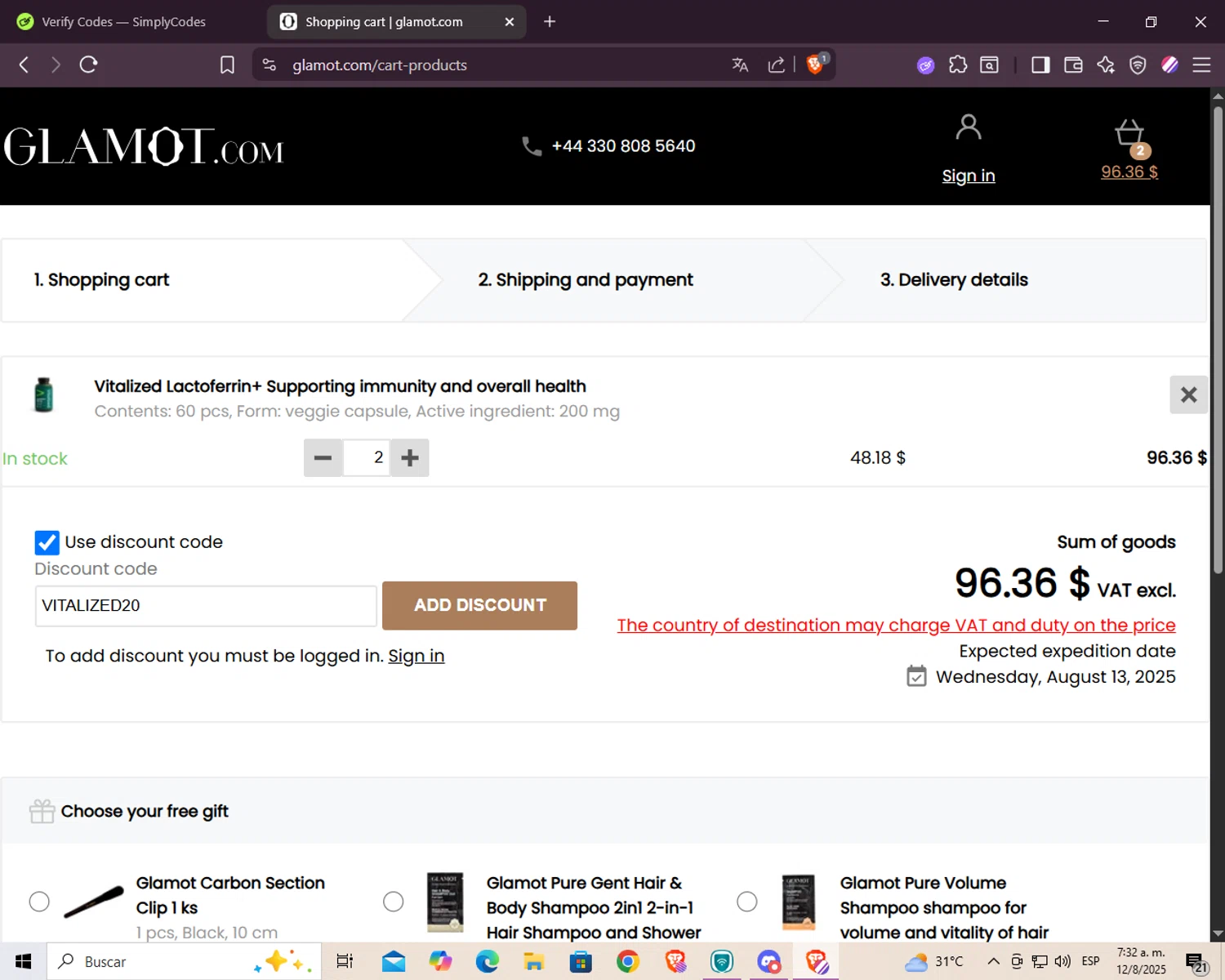 Glamot discount code screenshot showing code VITALIZED20 applied at Glamot checkout page. Uploaded by SimplyCodes community member Juan2715 on Aug 12, 2025