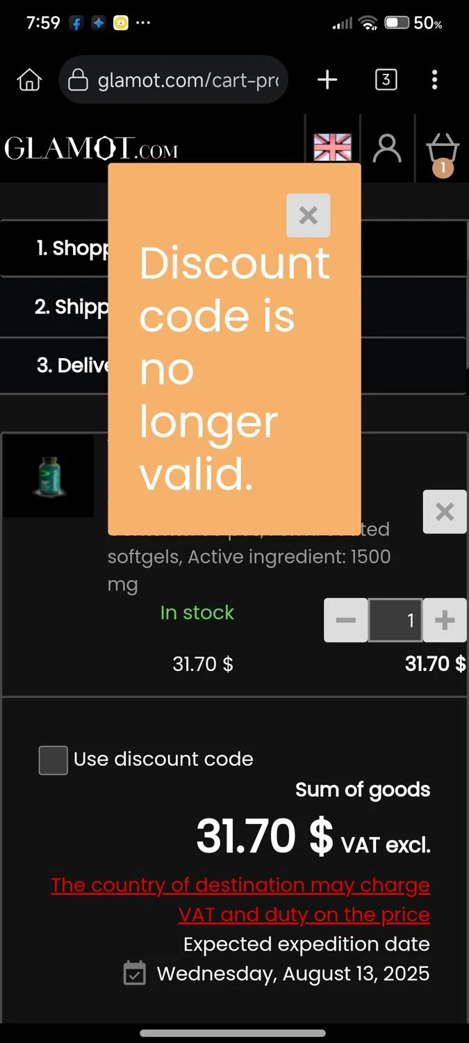 Glamot discount code screenshot showing code VITALIZED20 applied at Glamot checkout page. Uploaded by SimplyCodes community member cuenta03 on Aug 12, 2025