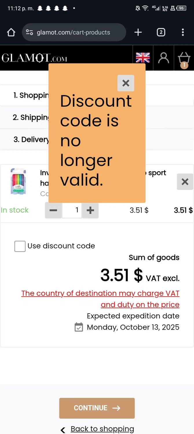 Glamot discount code screenshot showing code Invisibobblecom applied at Glamot checkout page. Uploaded by SimplyCodes community member Sasuk3 on Oct 10, 2025