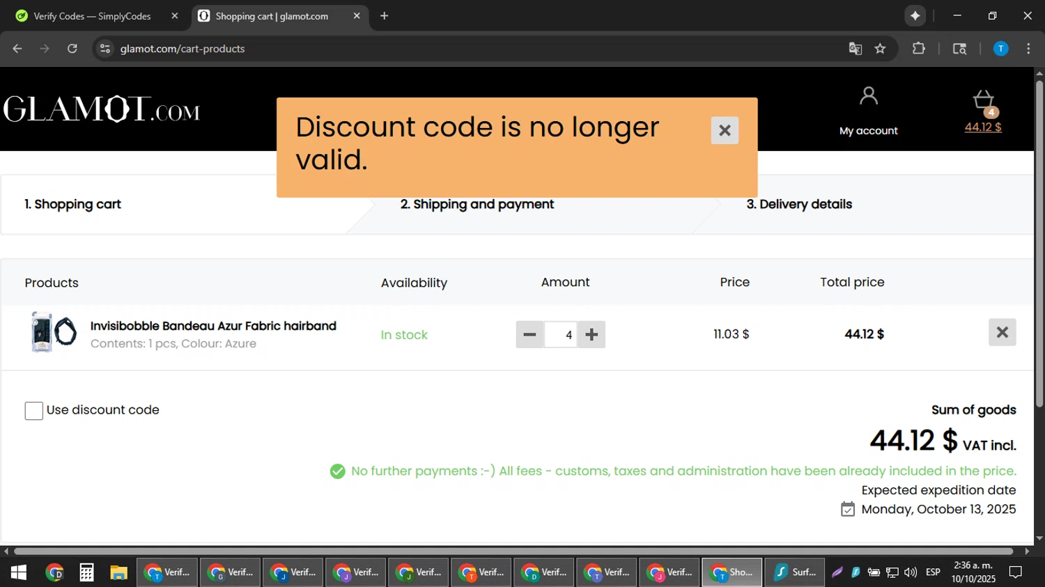 Glamot discount code screenshot showing code Invisibobblecom applied at Glamot checkout page. Uploaded by SimplyCodes community member hankt1521 on Oct 10, 2025
