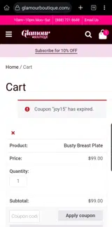 JOY15 coupon verification screenshot