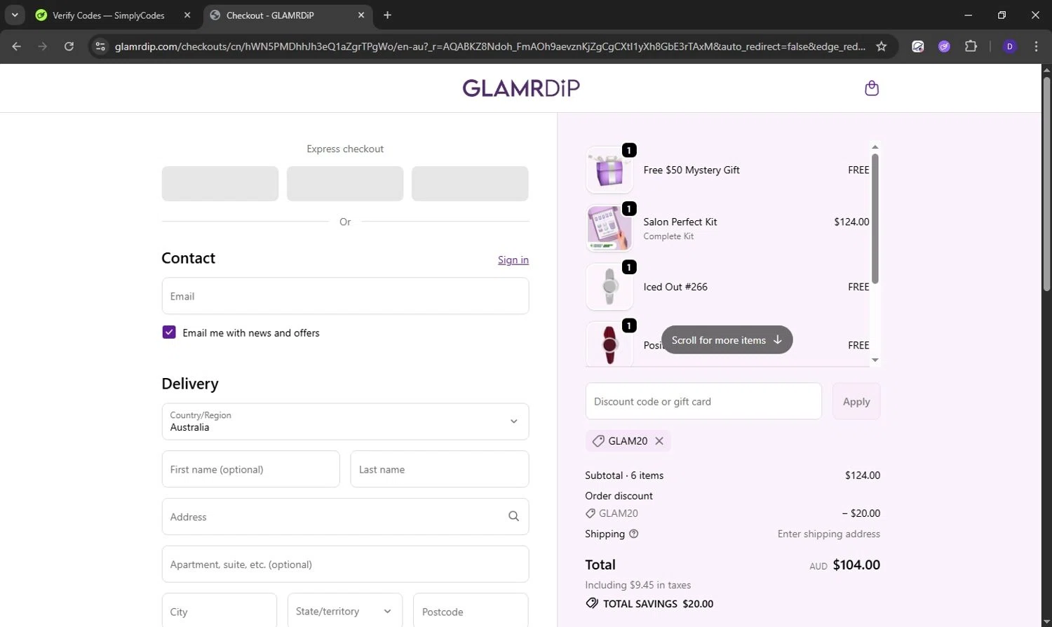 Glamrdip discount code screenshot showing code GLAM20 applied at Glamrdip checkout page. Uploaded by SimplyCodes community member Obito6245825041527 on Nov 17, 2025